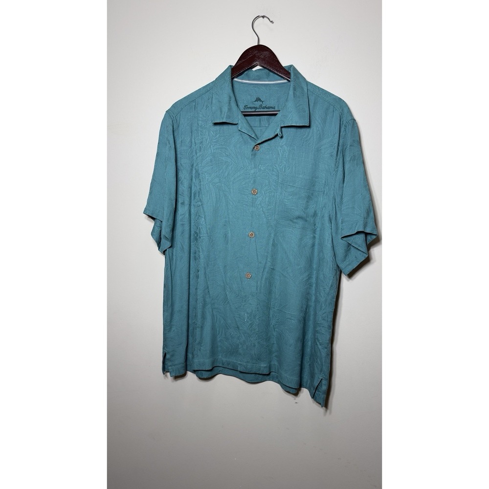 Tommy Bahama Mens L 100% Silk Camp Shirt Short Sleeve Teal Floral Jacquard Aloha
